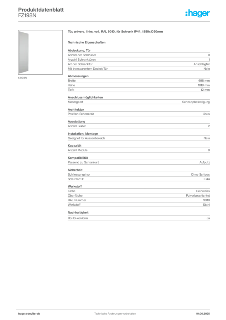 Bild Hager Produktdatenblatt FZ198N | Hager Schweiz
