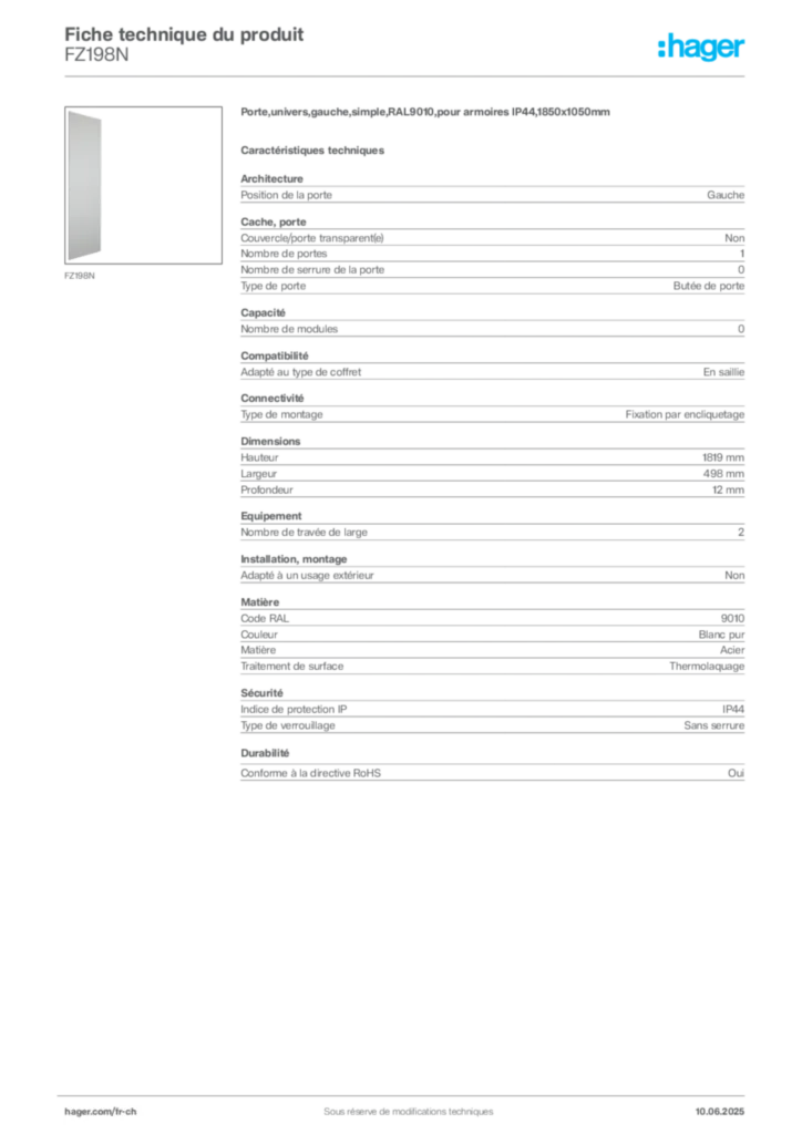 Image Hager Fiche technique du produit FZ198N | Hager Suisse