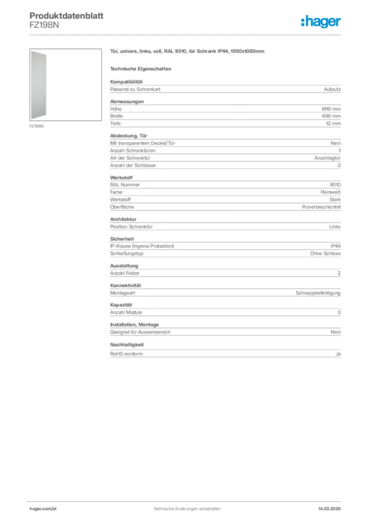 Bild Hager Produktdatenblatt FZ198N | Hager Deutschland