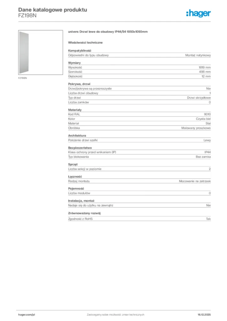 Zdjęcie Hager Karta katalogowa FZ198N | Hager Polska