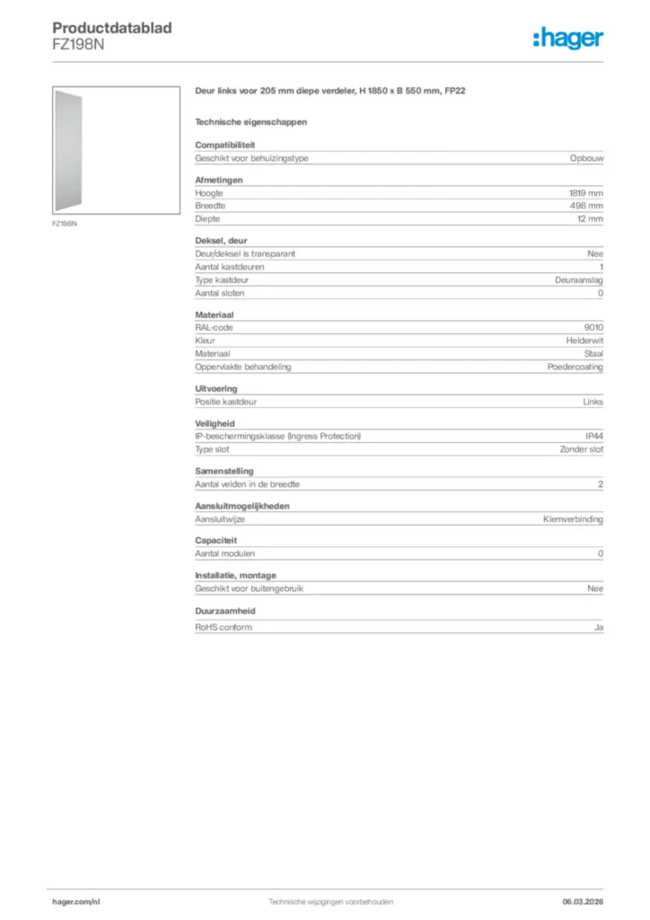 Afbeelding Hager Productdatablad FZ198N | Hager Nederland