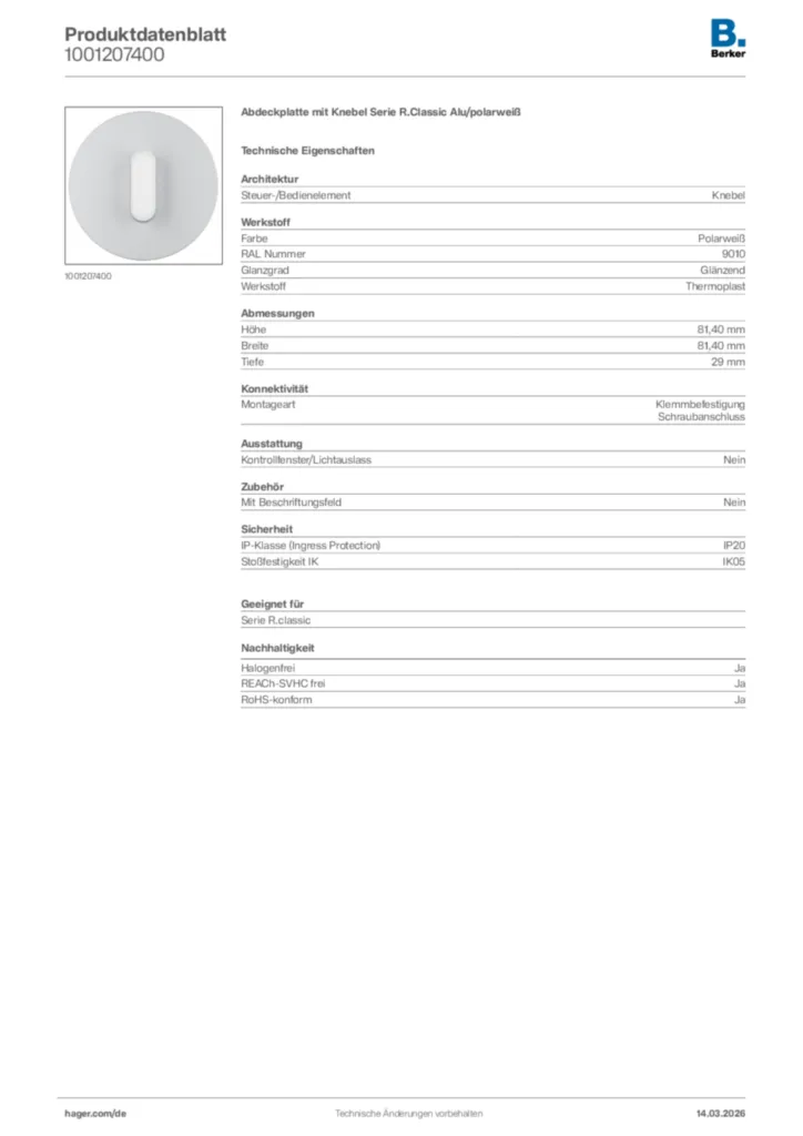 Bild Berker Produktdatenblatt 1001207400 | Hager Deutschland