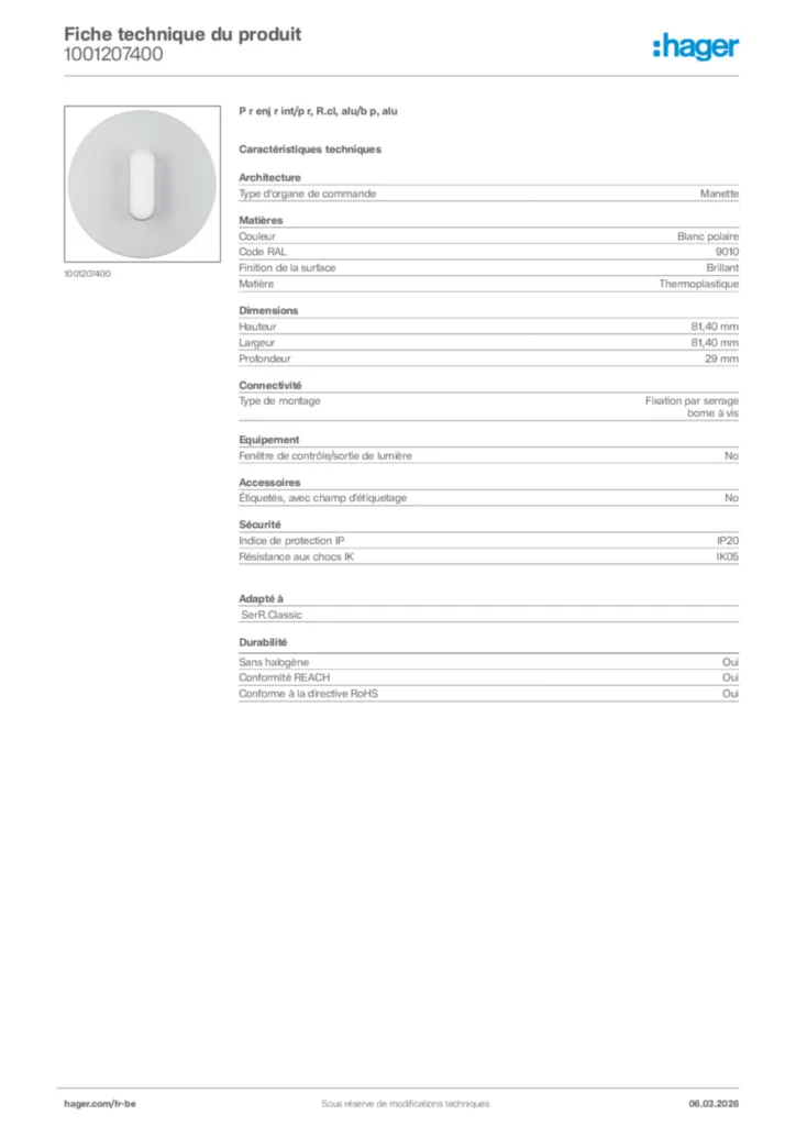 Image Hager Fiche technique du produit 1001207400 | Hager Belgique