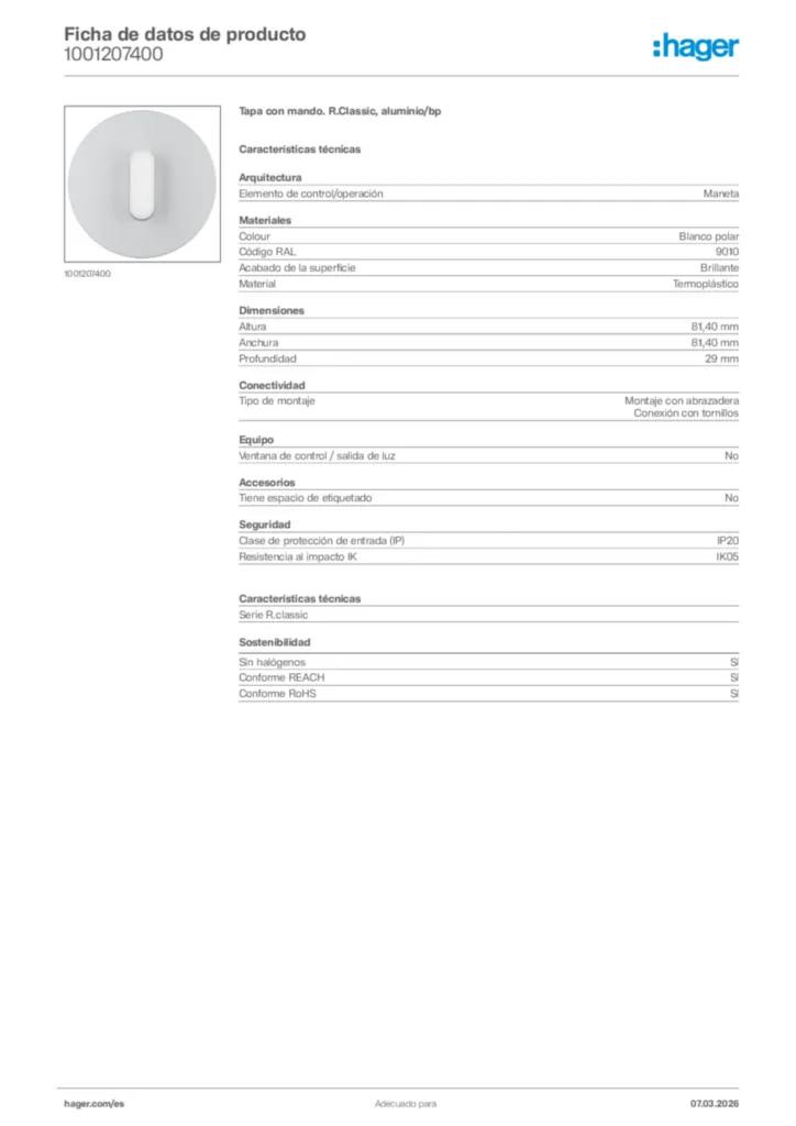 Imagen Hager Ficha de datos de producto 1001207400 | Hager España