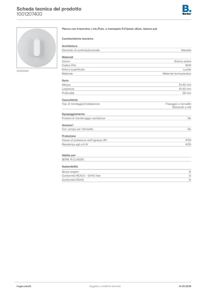 Immagine Berker Scheda tecnica del prodotto 1001207400 | Hager Italia
