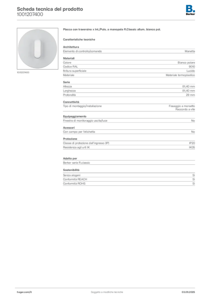Immagine Berker Scheda tecnica del prodotto 1001207400 | Hager Italia