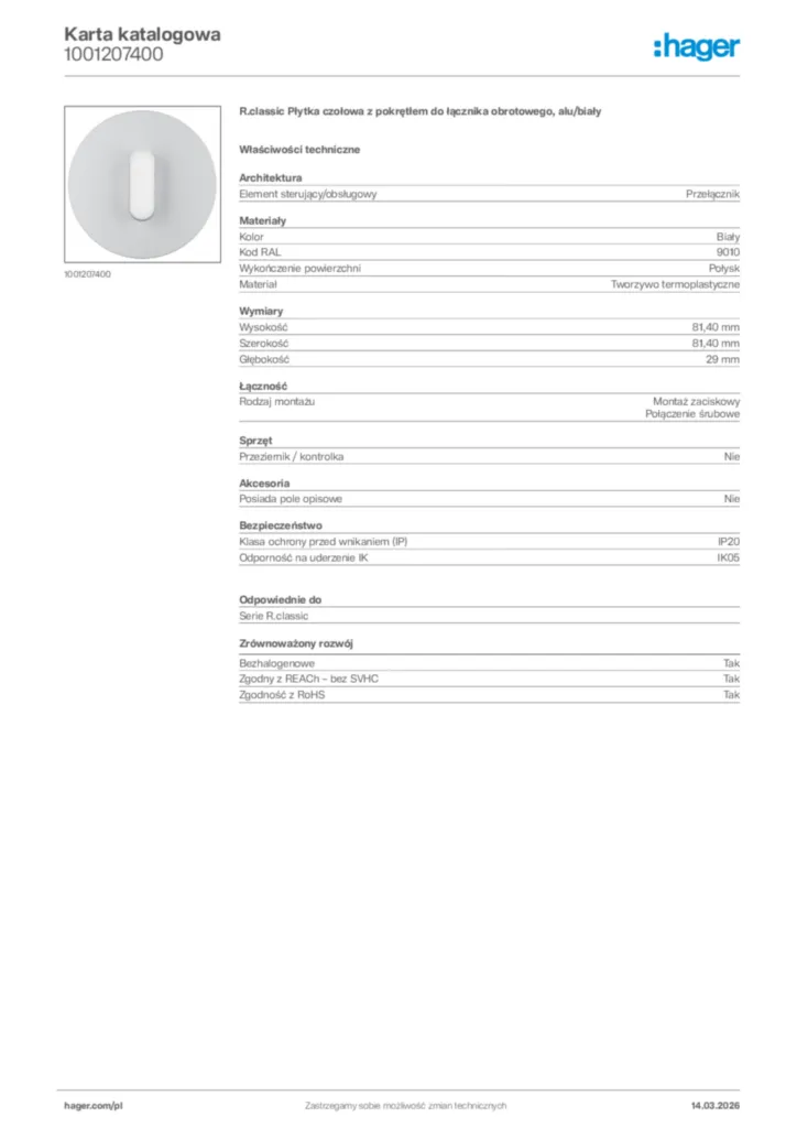Zdjęcie Hager Karta katalogowa 1001207400 | Hager Polska