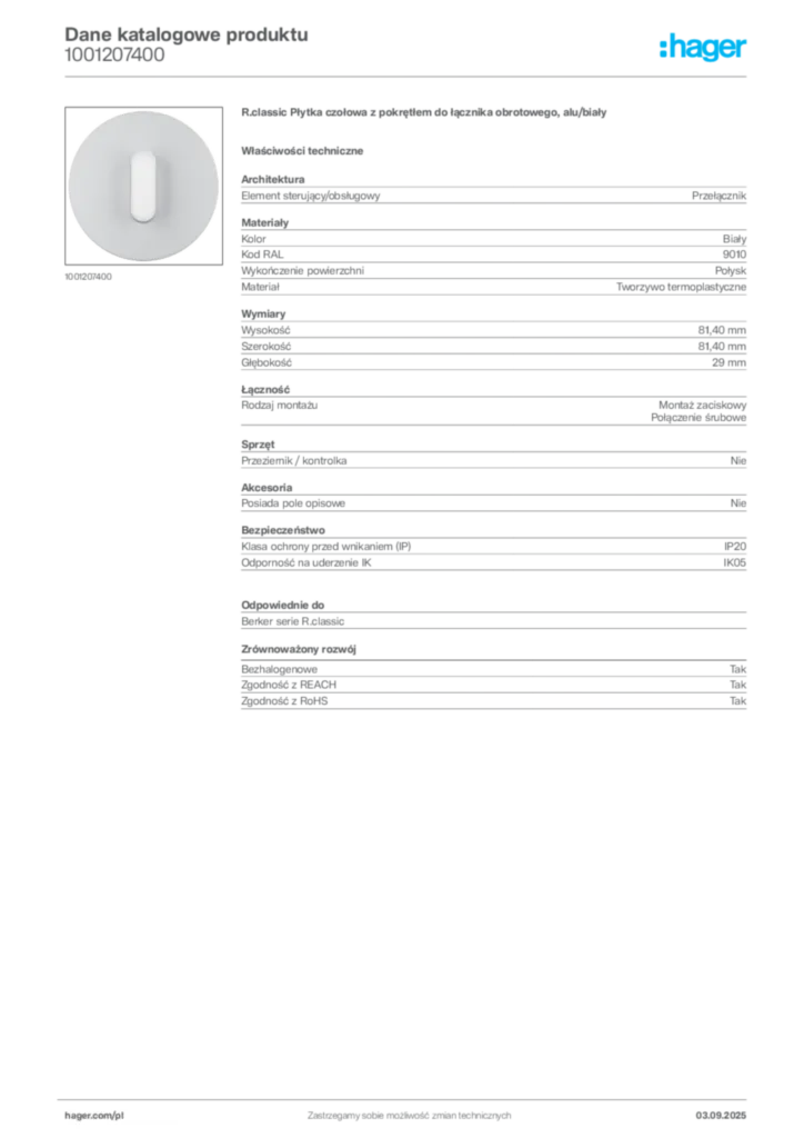 Zdjęcie Hager Karta katalogowa 1001207400 | Hager Polska