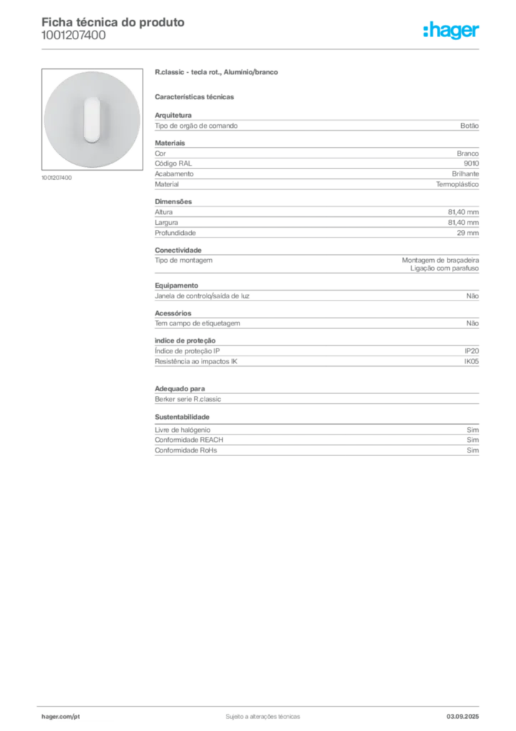 Imagem Hager Ficha técnica do produto 1001207400 | Hager Portugal