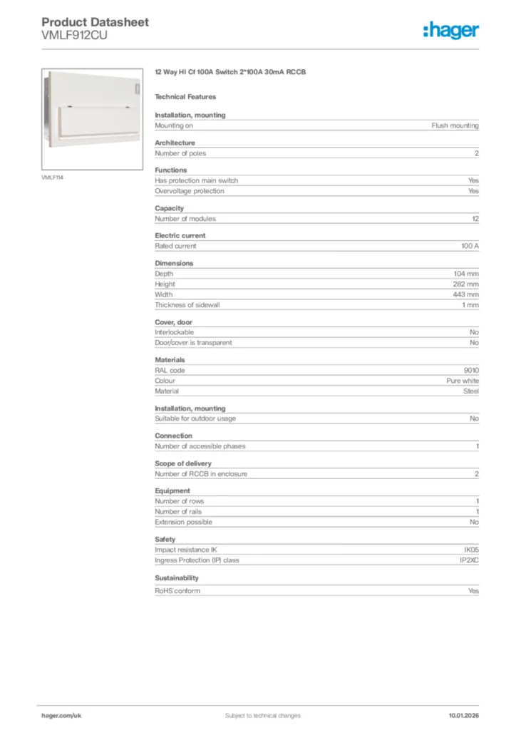 Image Hager Product data sheet VMLF912CU  | Hager
