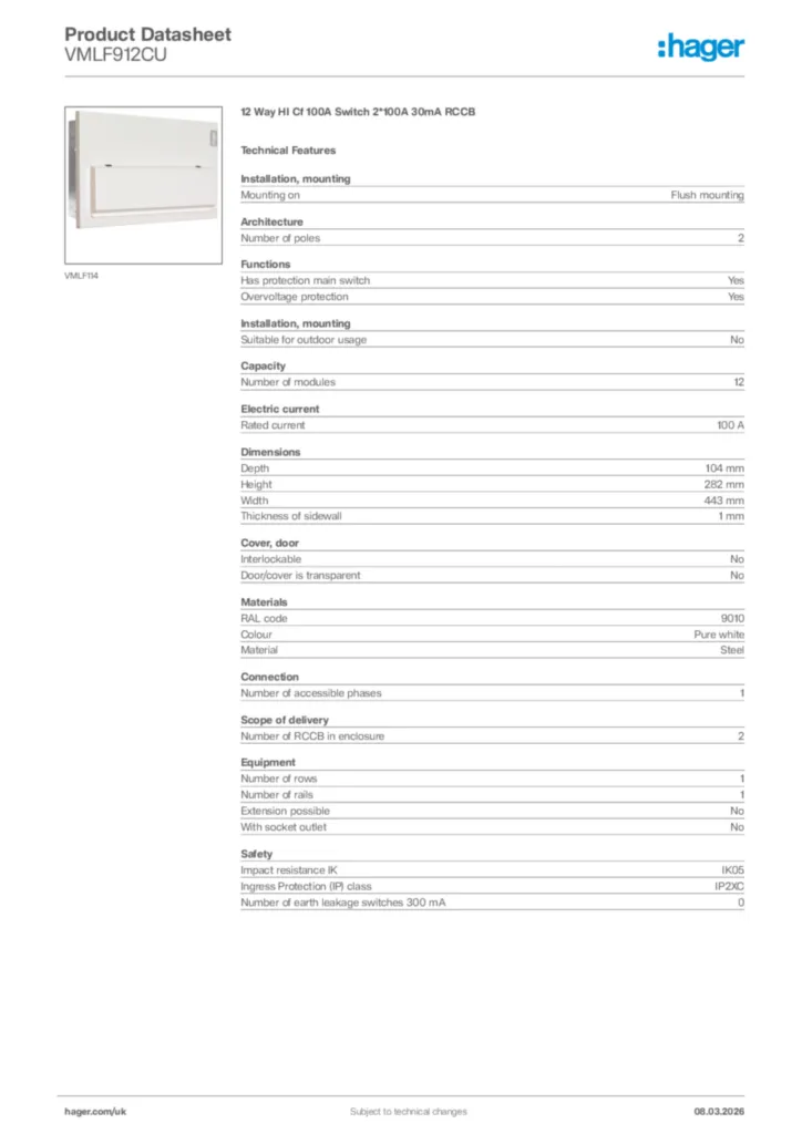 Image Hager Product data sheet VMLF912CU  | Hager
