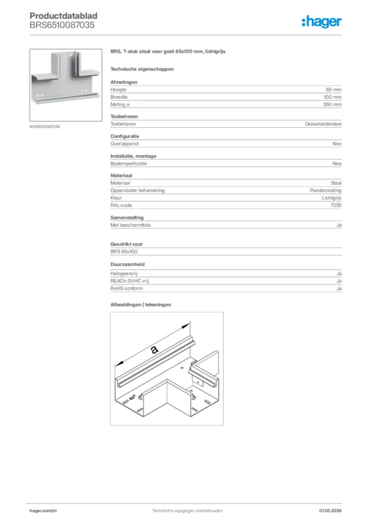 Afbeelding Hager Productdatablad BRS6510087035 | Hager Nederland