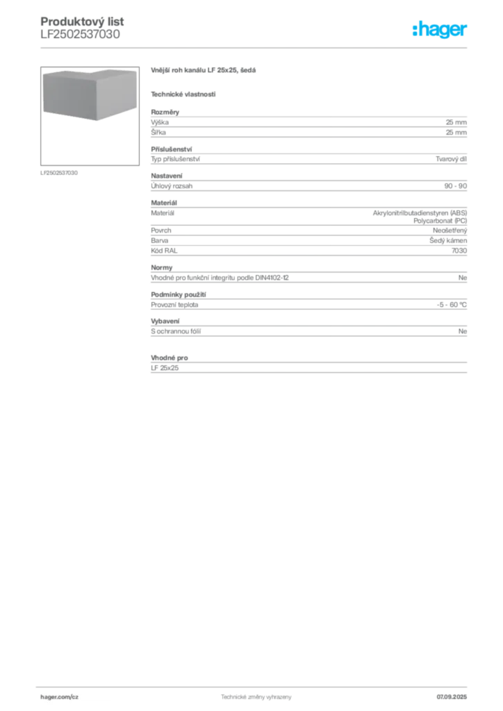 Obrázek Hager Produktový list LF2502537030 | Hager