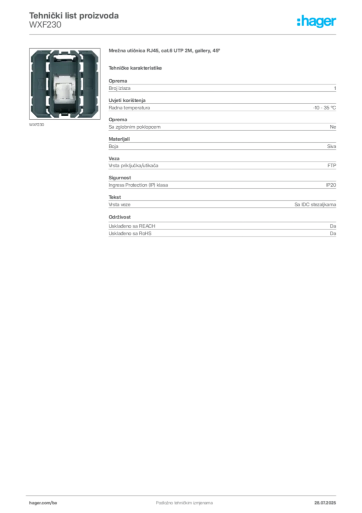 Slika Hager Product data sheet WXF230  | Hager