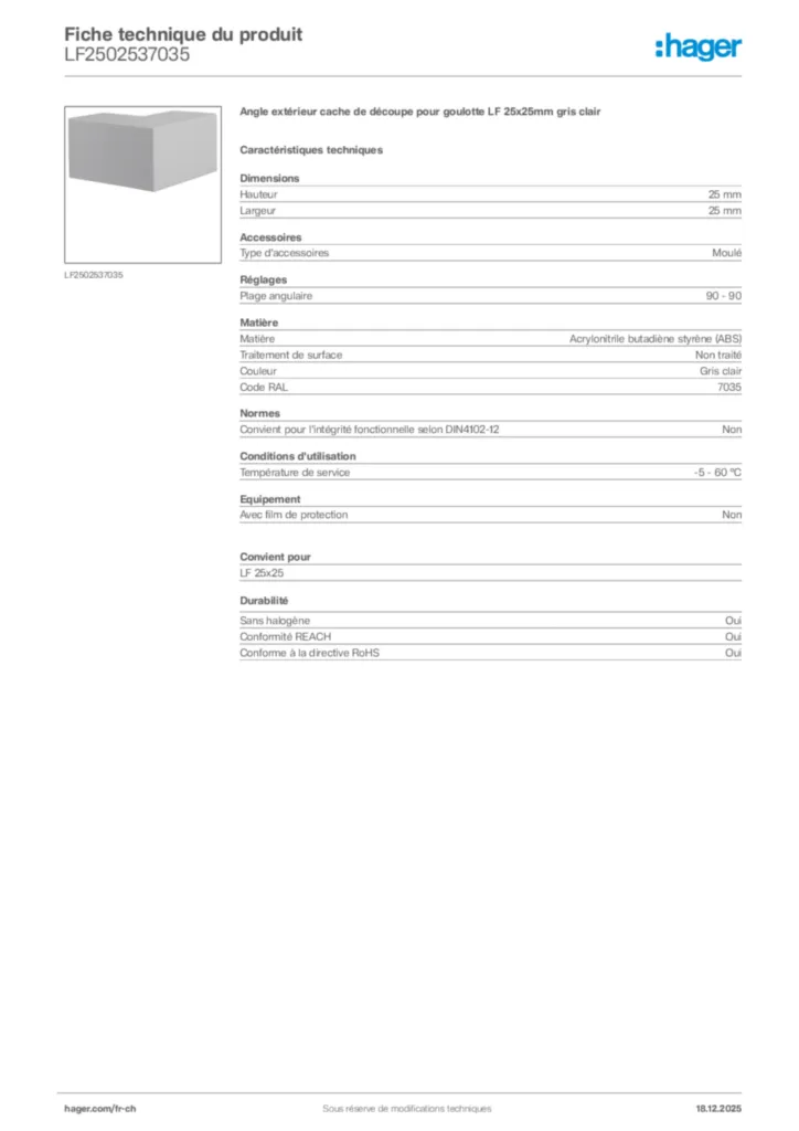 Image Hager Fiche technique du produit LF2502537035 | Hager Suisse