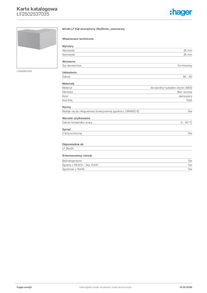 Zdjęcie Hager Karta katalogowa LF2502537035 | Hager Polska