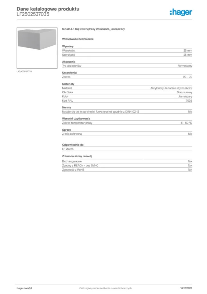Zdjęcie Hager Karta katalogowa LF2502537035 | Hager Polska