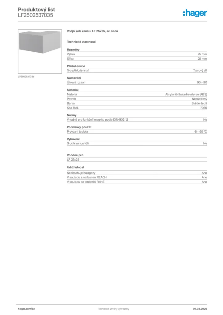 Obrázek Hager Product data sheet LF2502537035 | Hager