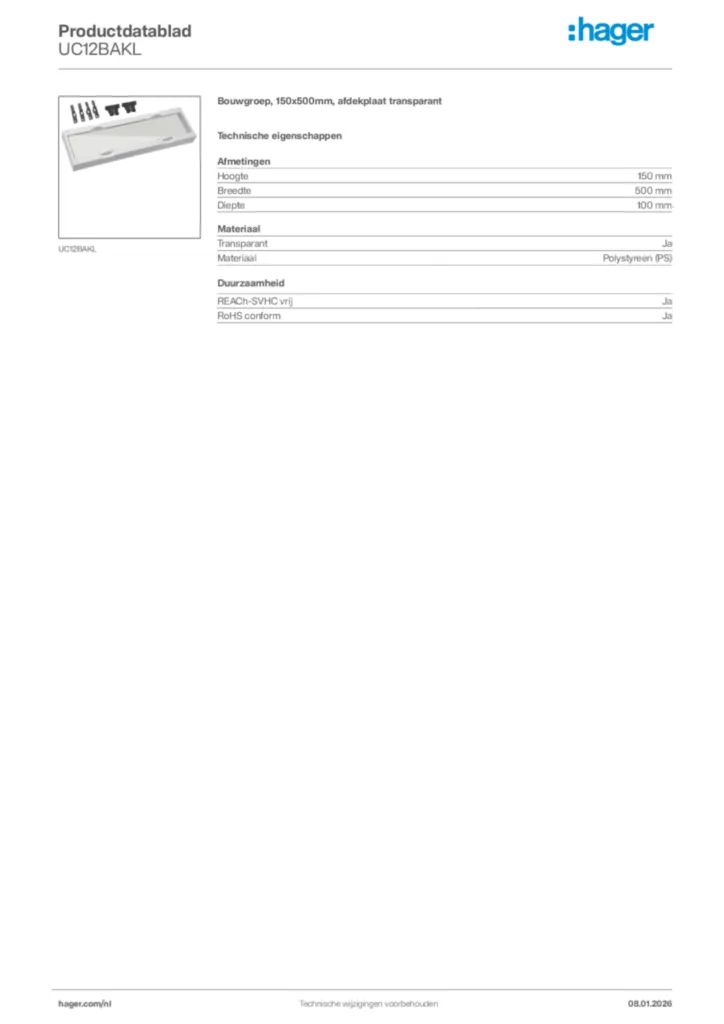 Afbeelding Hager Productdatablad UC12BAKL | Hager Nederland