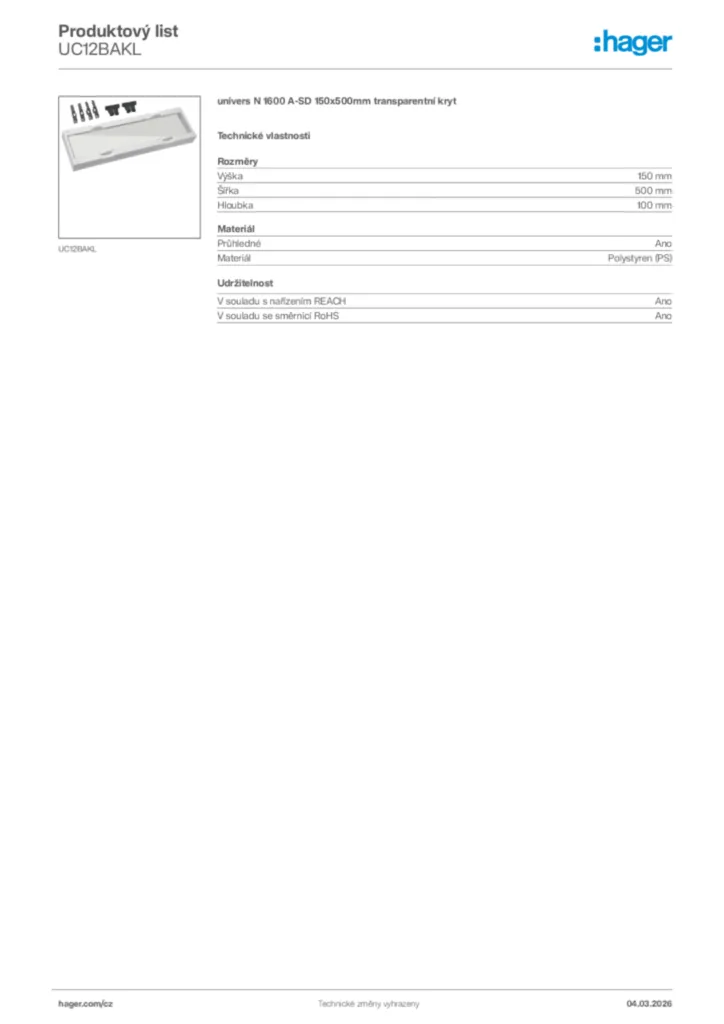 Obrázek Hager Product data sheet UC12BAKL | Hager