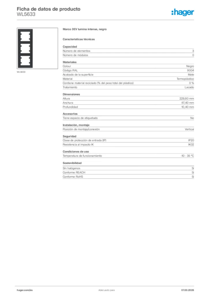 Imagen Hager Ficha de datos de producto WL5633 | Hager España