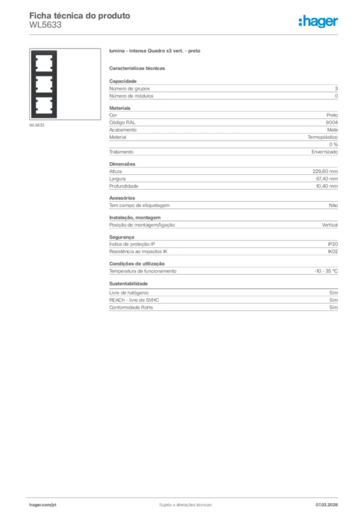 Imagem Hager Ficha técnica do produto WL5633 | Hager Portugal
