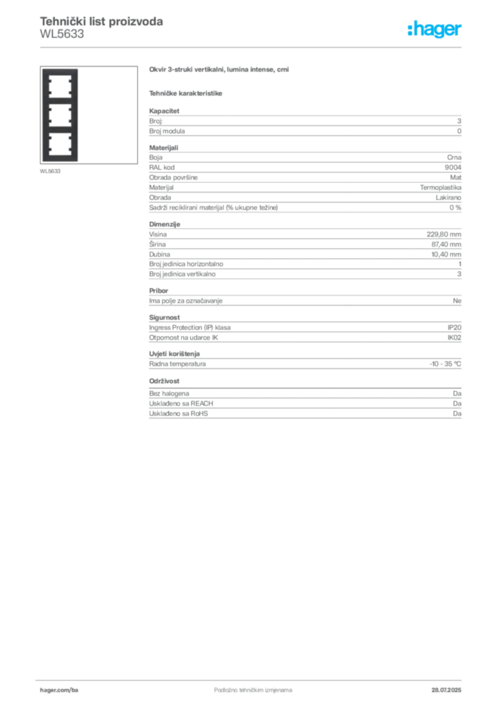 Slika Hager Product data sheet WL5633  | Hager