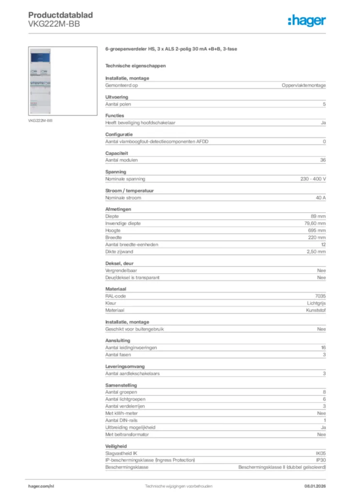 Afbeelding Hager Productdatablad VKG222M-BB | Hager Nederland
