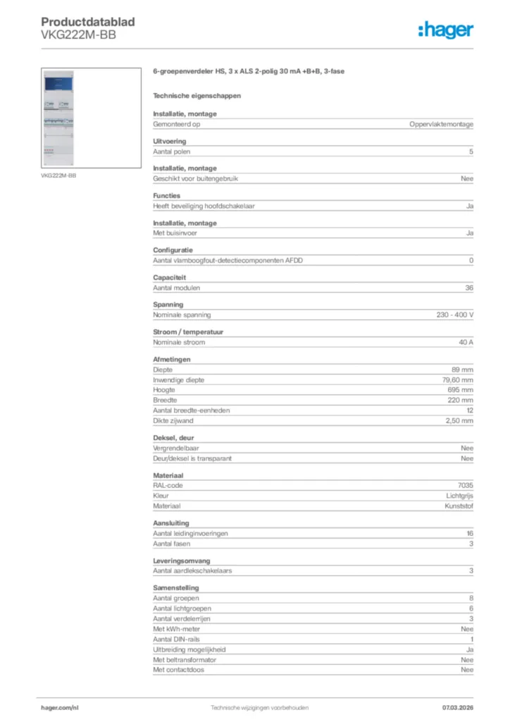 Afbeelding Hager Productdatablad VKG222M-BB | Hager Nederland