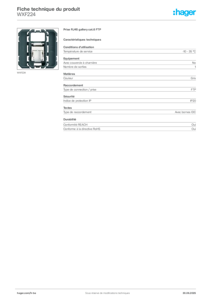 Image Hager Fiche technique du produit WXF224 | Hager Belgique