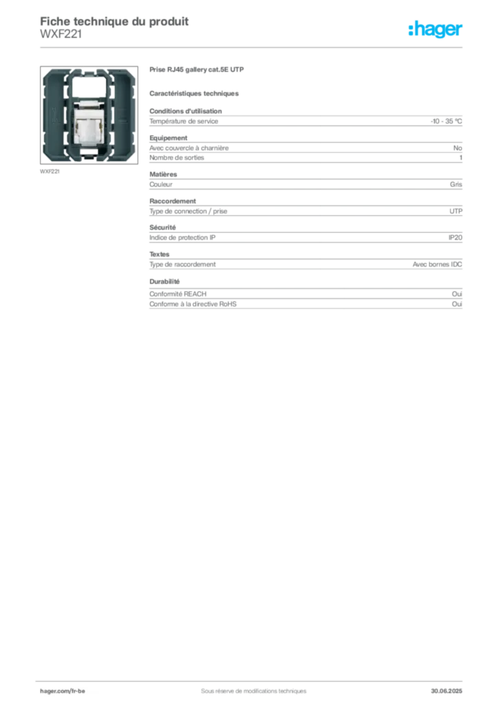 Image Hager Fiche technique du produit WXF221 | Hager Belgique