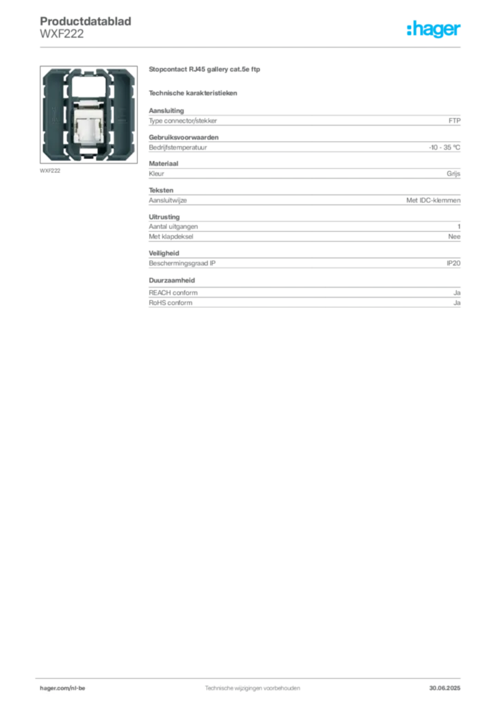 Afbeelding Hager Productdatablad WXF222 | Hager Belgium
