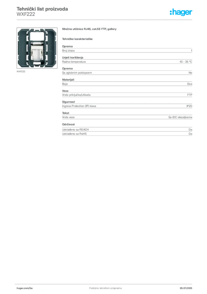 Slika Hager Product data sheet WXF222  | Hager