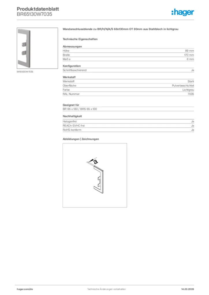 Bild Hager Produktdatenblatt BR65130W7035 | Hager Deutschland
