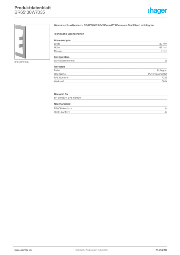 Bild Hager Produktdatenblatt BR65130W7035 | Hager Schweiz