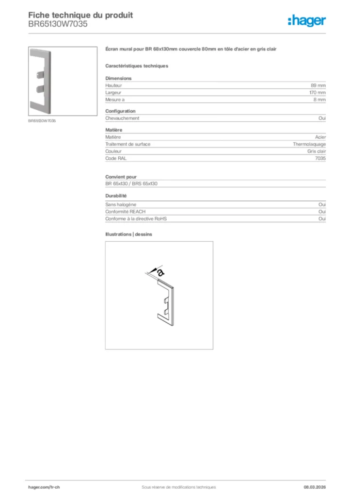 Image Hager Fiche technique du produit BR65130W7035 | Hager Suisse