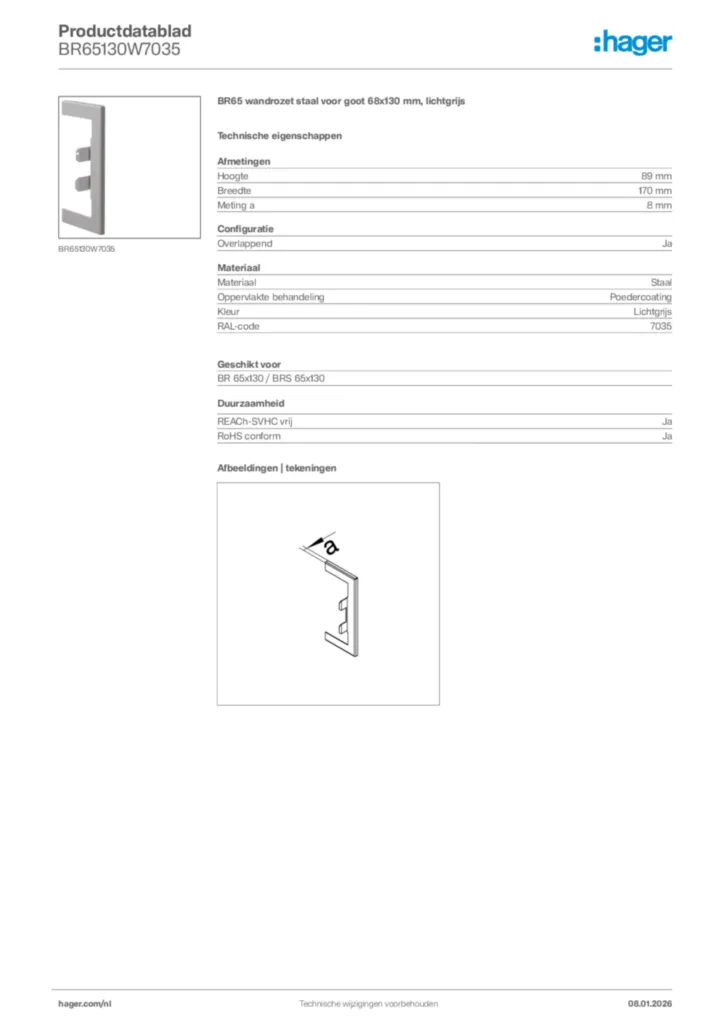 Afbeelding Hager Productdatablad BR65130W7035 | Hager Nederland