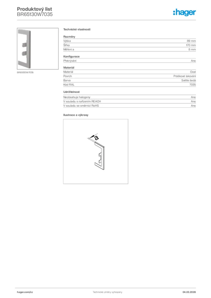 Obrázek Hager Product data sheet BR65130W7035 | Hager