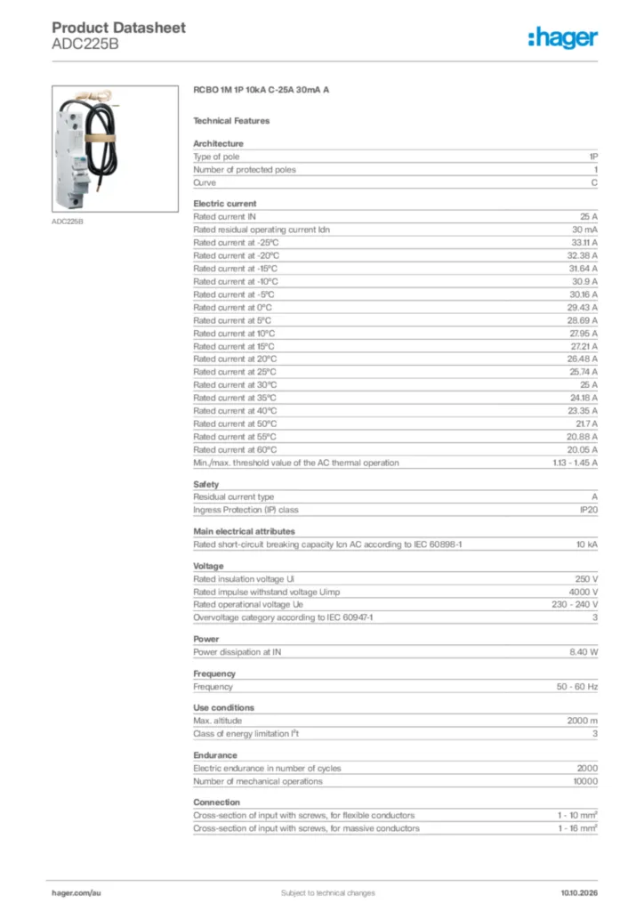 Image Hager Product data sheet ADC225B  | Hager Australia