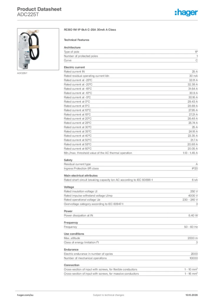 Image Hager Product data sheet ADC225T  | Hager Australia