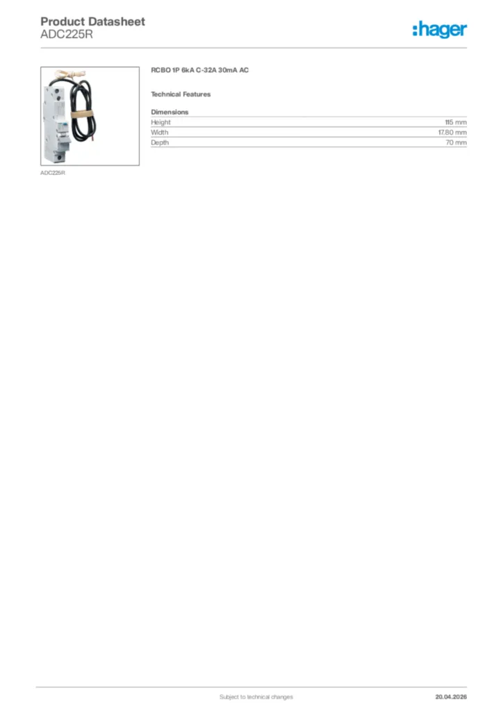 Image Hager Product data sheet ADC225R  | Hager Africa