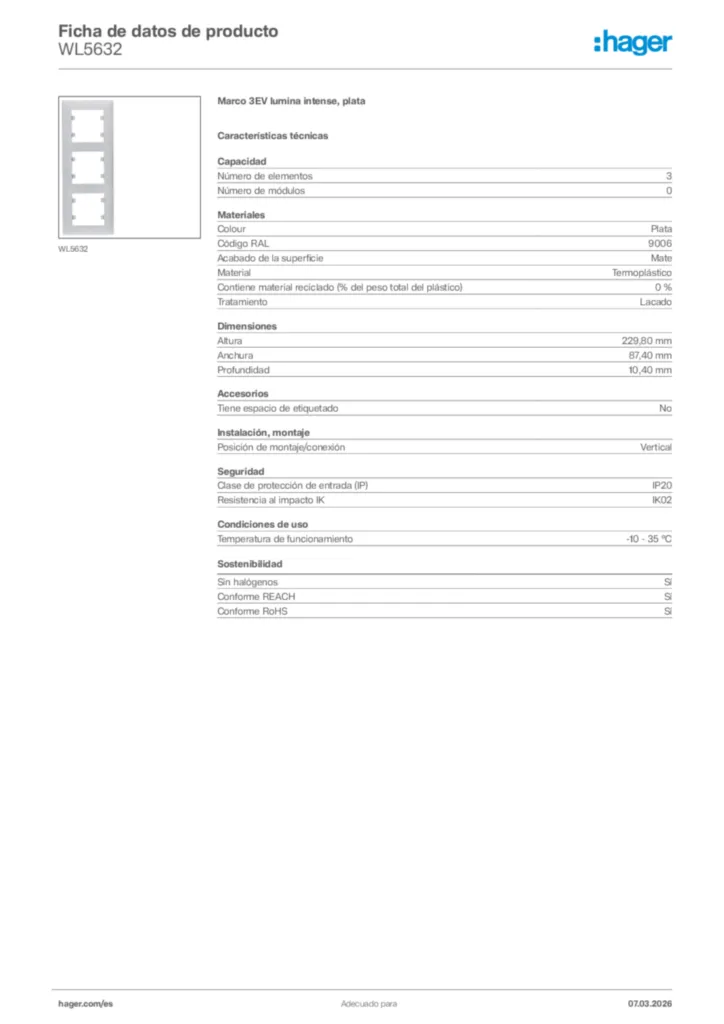 Imagen Hager Ficha de datos de producto WL5632 | Hager España