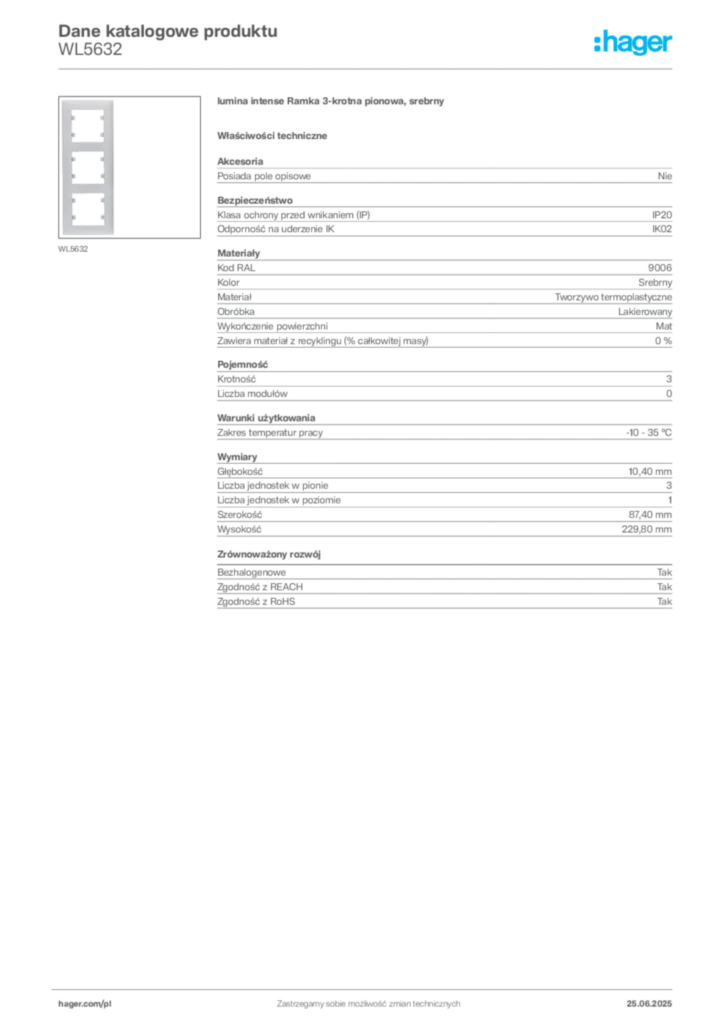 Zdjęcie Hager Karta katalogowa WL5632 | Hager Polska