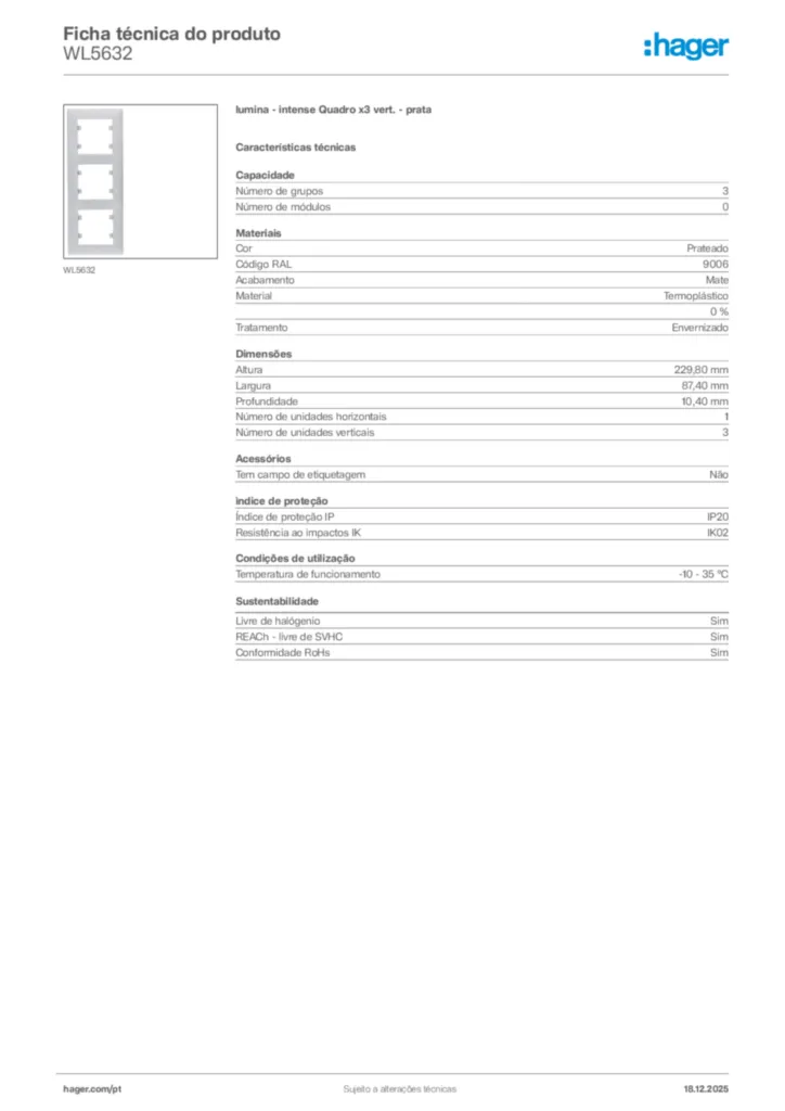 Imagem Hager Ficha técnica do produto WL5632 | Hager Portugal