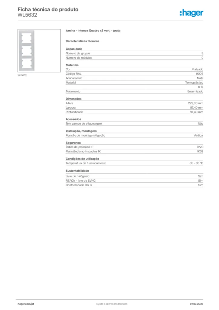 Imagem Hager Ficha técnica do produto WL5632 | Hager Portugal
