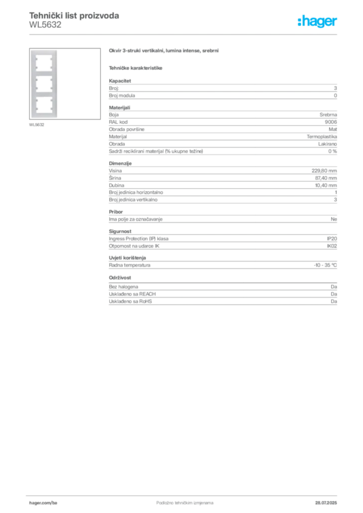 Slika Hager Product data sheet WL5632  | Hager