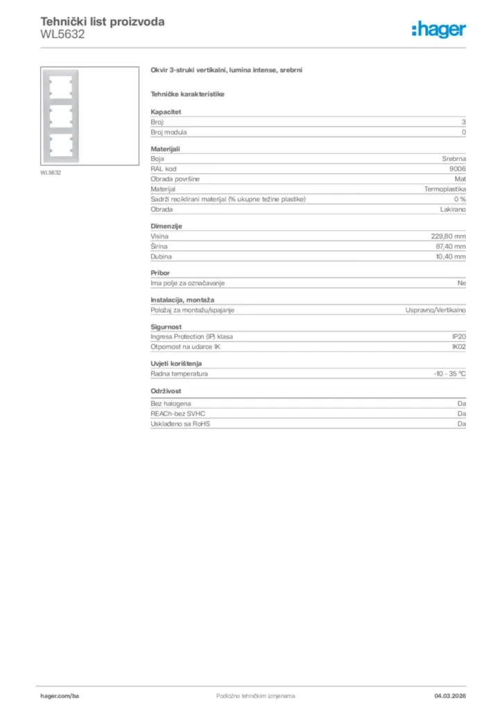 Slika Hager Tehnički list proizvoda WL5632  | Hager