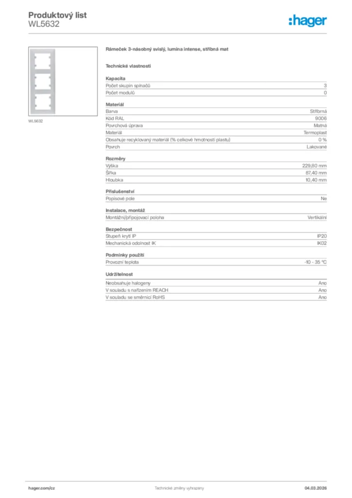 Obrázek Hager Product data sheet WL5632 | Hager
