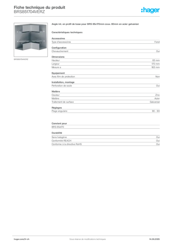 Image Hager Fiche technique du produit BRS851704VERZ | Hager Suisse