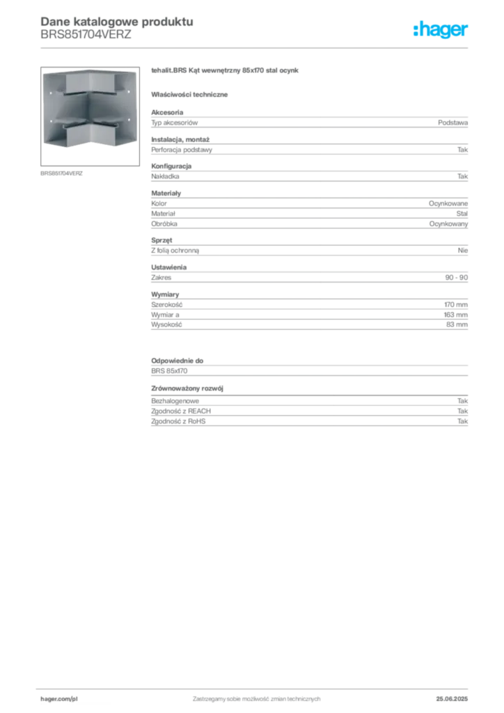 Zdjęcie Hager Karta katalogowa BRS851704VERZ | Hager Polska